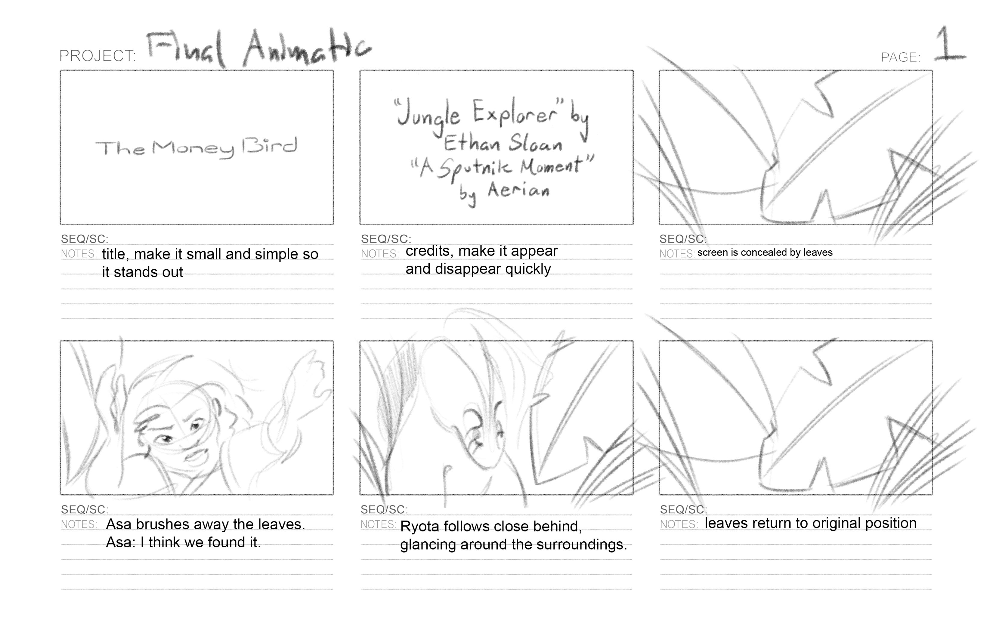 Page 1 of the money bird storyboard sequence